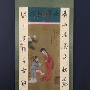 【唐寅】人物，一物一圖，精品三尺純手繪對聯絹本中堂畫 裱裝尺寸：約200*77cm左右 畫芯尺寸：約110＊65cm左右