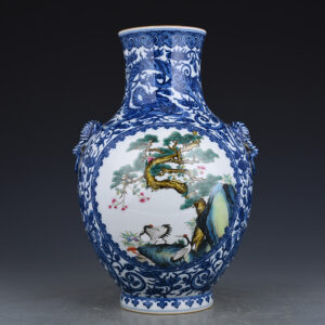 清乾隆青花開光粉彩松鶴延年紋銜耳瓶 古玩古董古瓷器老貨收藏36×23釐