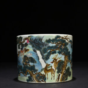 清雍正粉彩鹿鶴同春筆筒13*17.5釐米