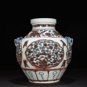 元青花釉裡紅貼塑四季花卉紋獸耳罐37*32釐米