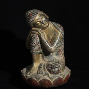 唐代青石彩繪蓮花座睡佛 高41公分 底直徑30公分