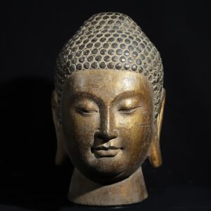 北魏青石彩繪鎏金佛首像 高40公分 直徑24公分