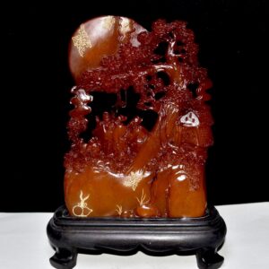 舊藏老貨 壽山石紅田黃石擺件 石質通透堅硬 滿蘿蔔絲紋血絲紋 包漿醇厚 工藝精湛 篆刻家【昌碩】丁丑年作 尺寸：13*2.5*20公分（硬） 重量：1059克